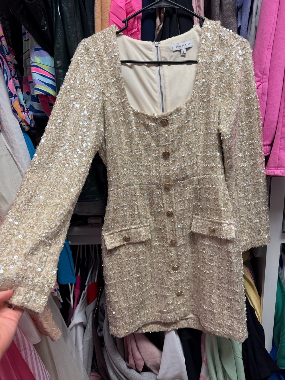 Gianni Bini Champagne Sequin Tweed Long Sleeve Dress